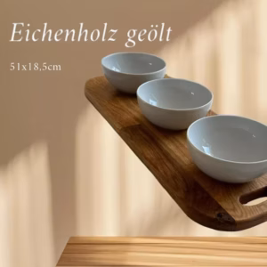 4 teiliges Servierset - Eichenholz geölt mit 3 Porzellanschüssel Salatschüssel