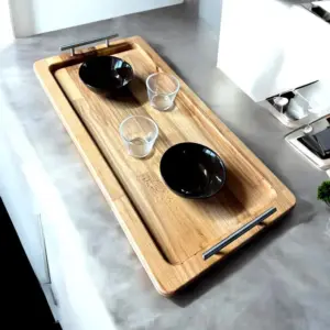 Servierbrett Buchenholz Massivholz 60x30cm XXL Brett geölt m. Edelstahlgriffe